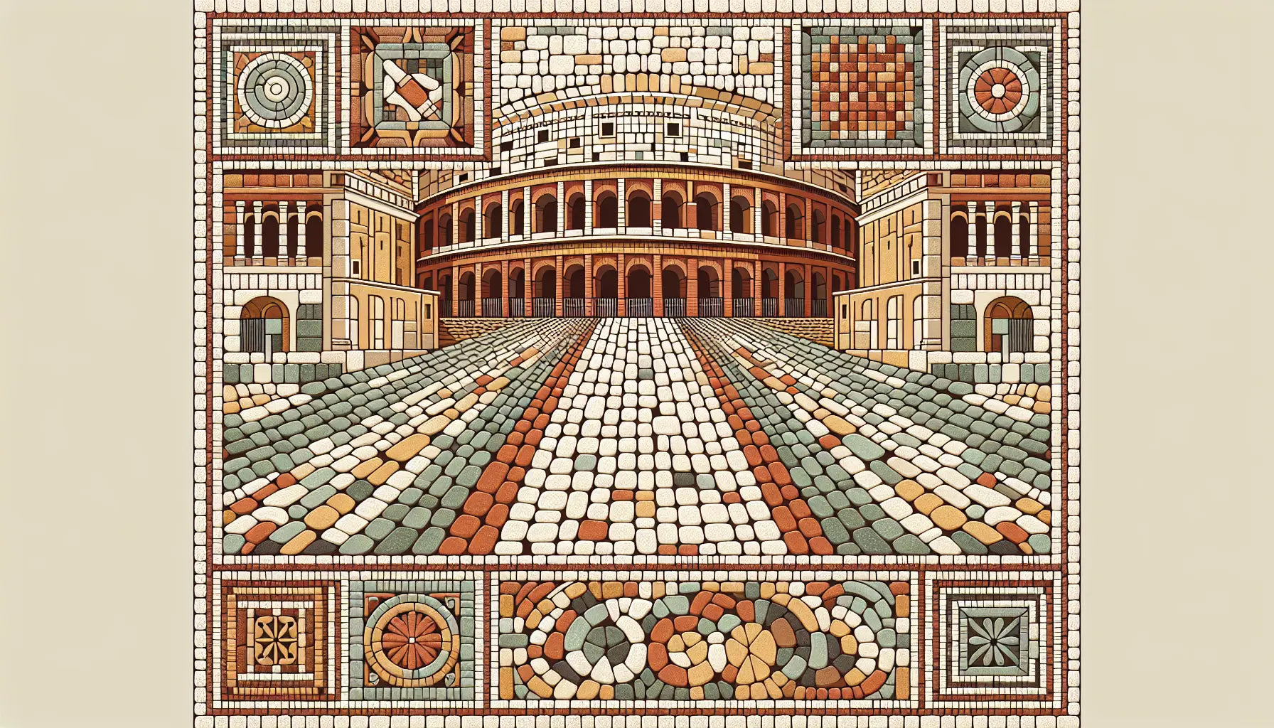 Ornamentales römisches Bodenmosaik mit Kolosseum und gepflasterten Straßen zum stilisierten Vatikan in Erdfarben