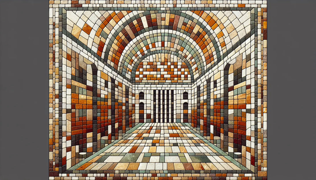 Römisches Bodenmosaik mit abstrahierten schmalen Gewölben und steinernen Wänden in Rotbraun Ocker und Gold auf hellem steinartigem Hintergrund