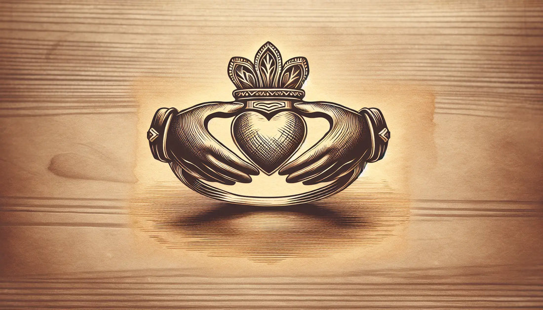 Claddagh Ring als Bleistiftskizze auf hellem pergamentartigem Hintergrund mit goldenen Details
