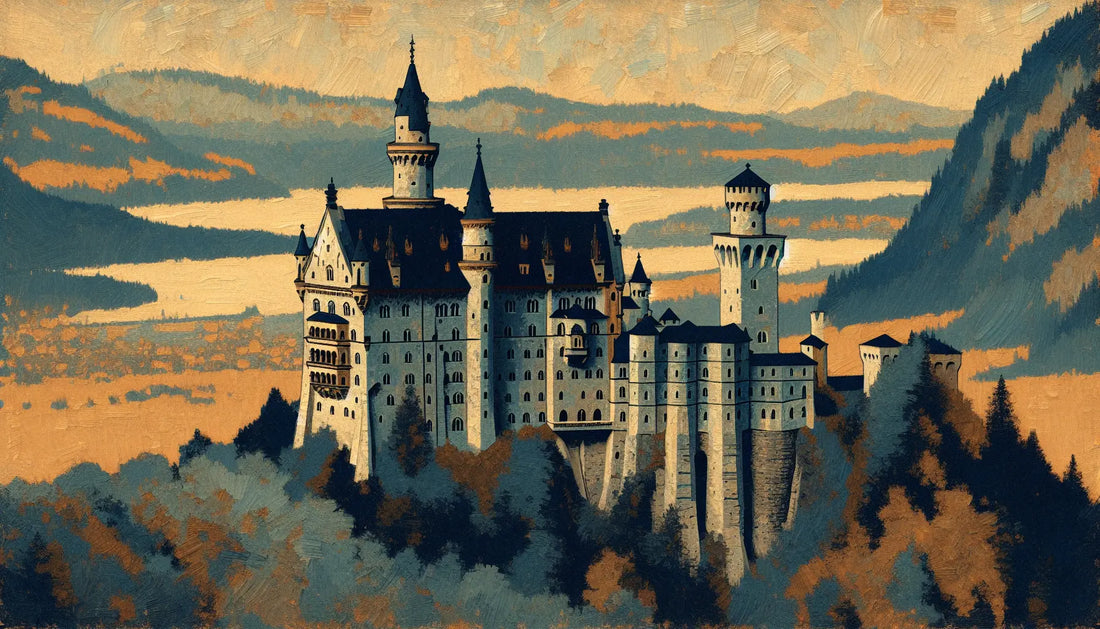 Mittelalterliches gemaltes Schloss Neuschwanstein mit Bergen und Bäumen auf strukturiertem hellem Hintergrund