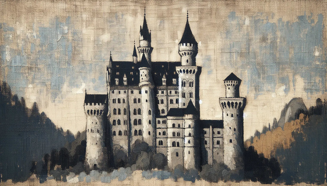 Mittelalterlich stilisiertes Schloss Neuschwanstein in Stahlgrau auf hellem strukturiertem Hintergrund