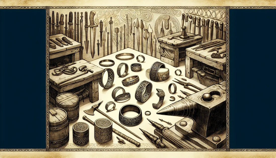 Wikingerwerkstatt mit skizzierten Silber und Goldringen Norse Motive und Werkzeug auf pergamentartigem Papier