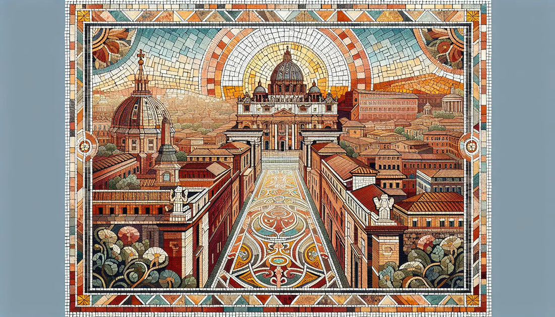 Abstrahierter Panoramablick über Rom mit Vatikanischen Gärten als römisches Bodenmosaik in Rotbraun Ocker und Blau