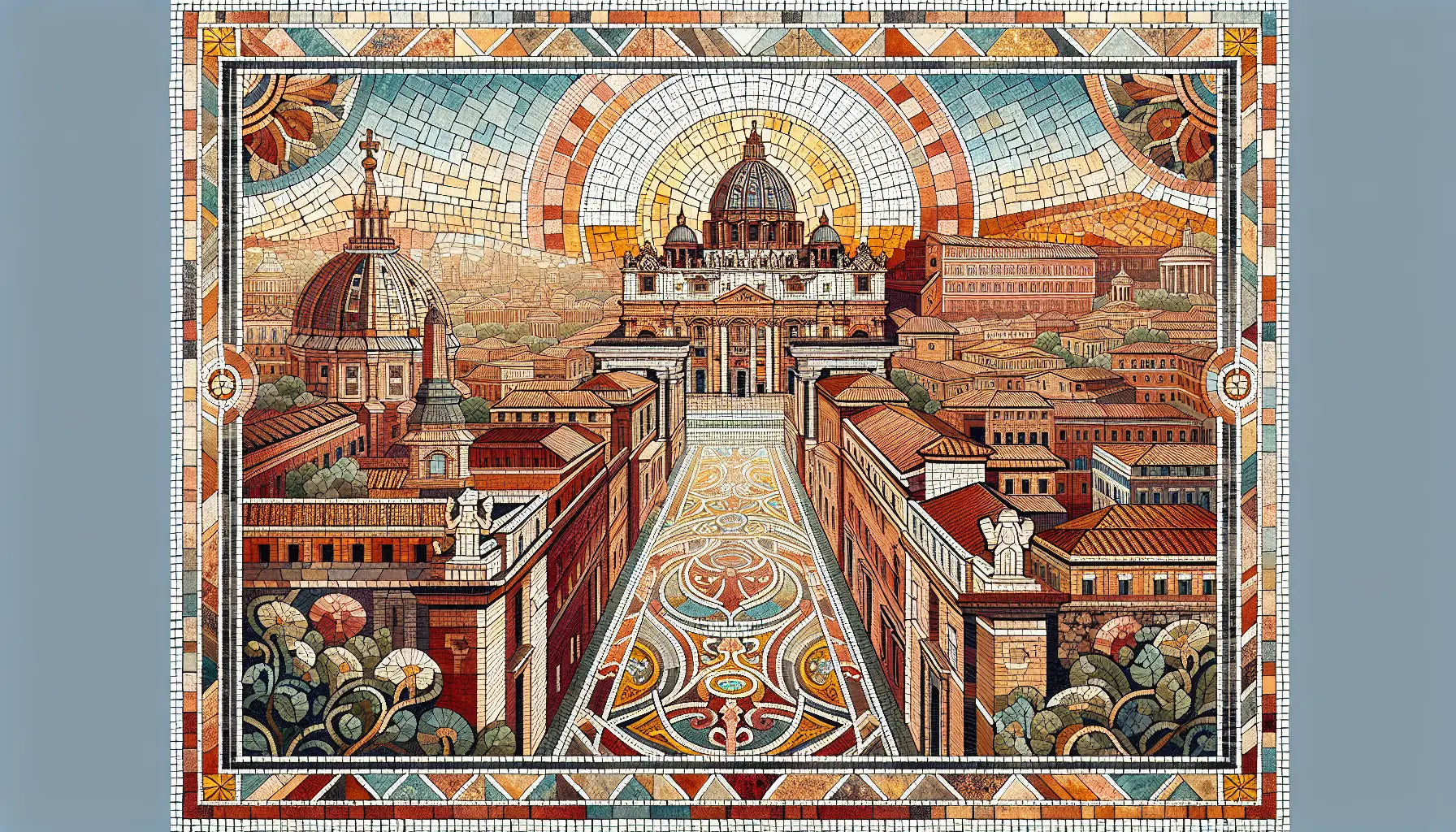 Abstrahierter Panoramablick über Rom mit Vatikanischen Gärten als römisches Bodenmosaik in Rotbraun Ocker und Blau