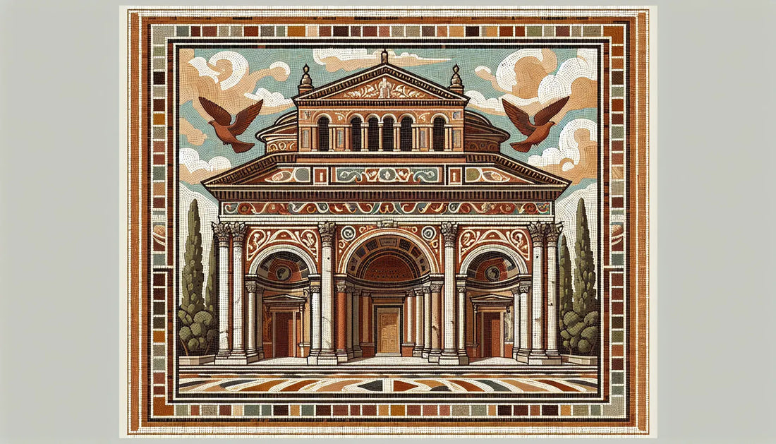 Stilisierte Fassade der Papstbasilika Santa Maria Maggiore als römisches Mosaik in Erdfarben ohne Personen