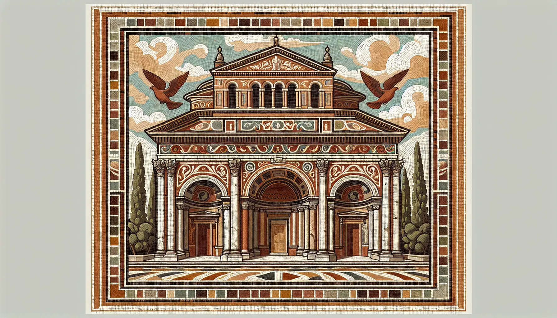 Stilisierte Fassade der Papstbasilika Santa Maria Maggiore als römisches Mosaik in Erdfarben ohne Personen