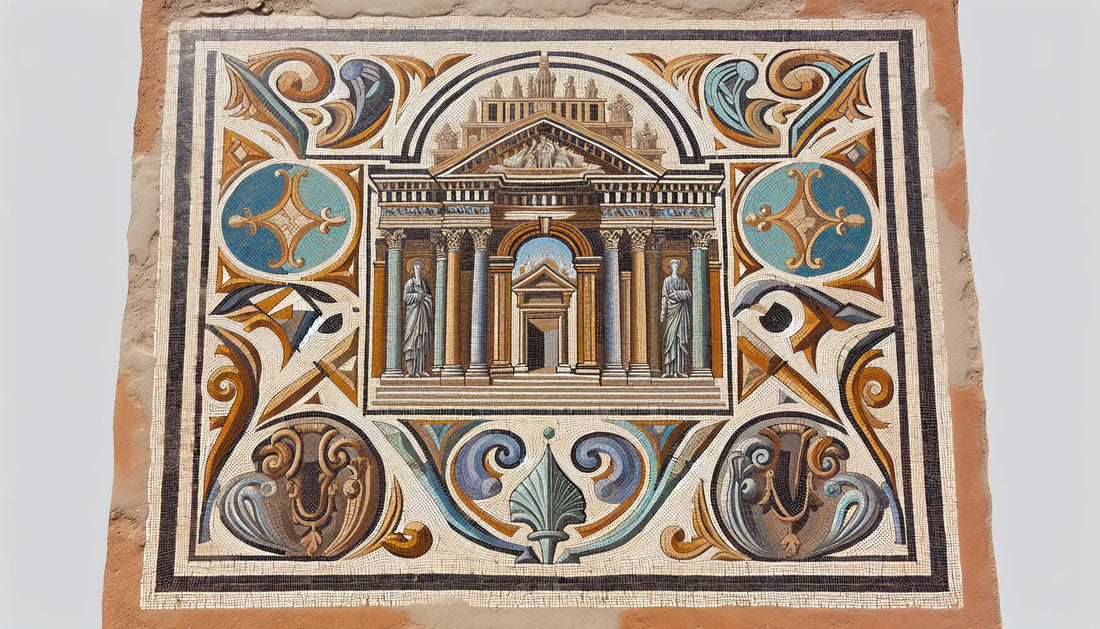 Abstrahierte Architekturdetails der Petersbasilika als römisches Mosaik in Erdfarben auf hellem Stein