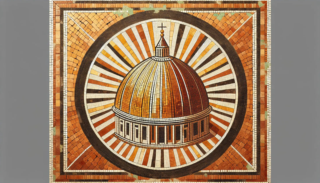 Abstrahierte Petersbasilika Kuppel als römisches Mosaik in Rotbraun Ocker Gold auf hellem Stein mit Patina