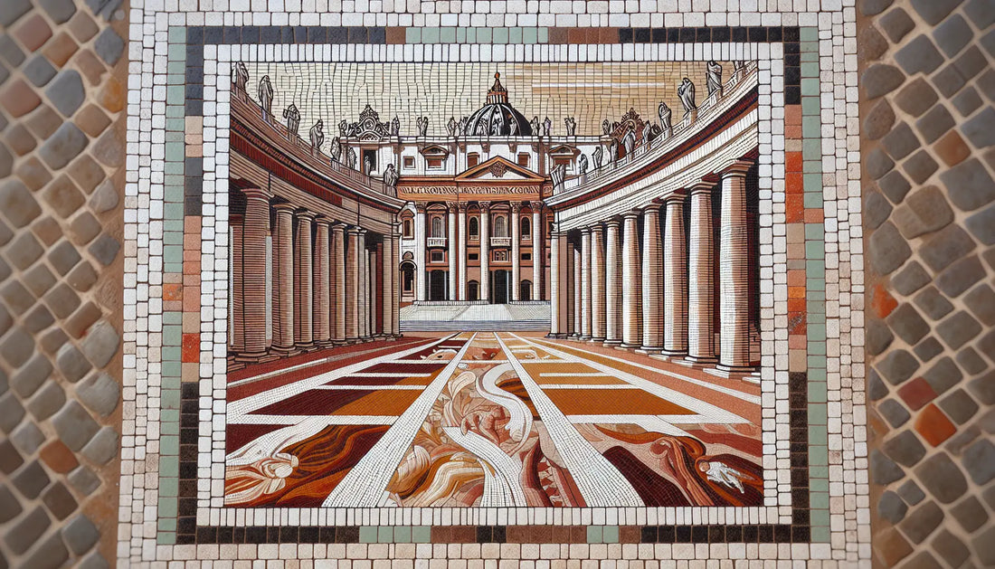 Stilisierte Petersplatzkolonnaden als Mosaik in rotbraun ocker auf hellem steinigem grund