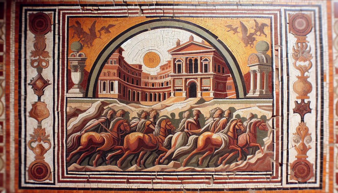 Antikes Mosaik des Durchbruchs an der Porta Pia in rotbraun ocker gold auf hellem steinartigem Hintergrund