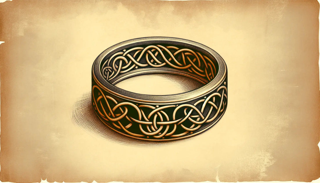 Romanischer Ring mit keltischen Triskeles als Bleistiftskizze auf pergamentartigem Hintergrund mit feinen Goldakzenten