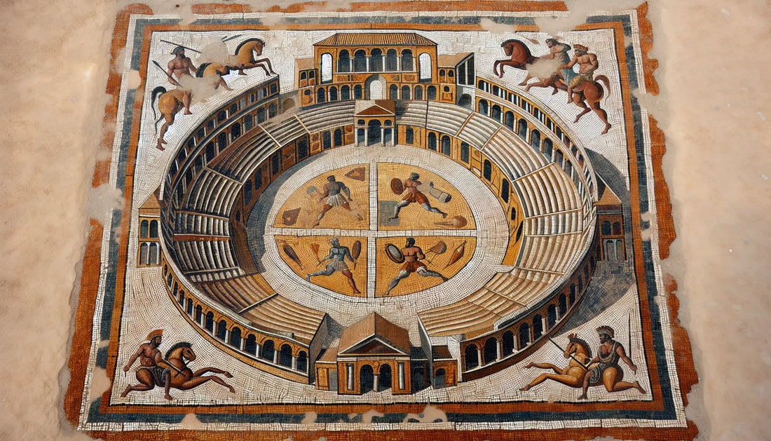 Antike römische Arena als Mosaik ohne Personen mit architektonischen Elementen in Rotbraun Ocker und Gold auf hellem Stein