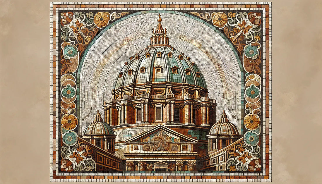 Stilisierte Kuppel einer römischen Basilika als Bodenmosaik in Rotbraun Ocker Blau und Gold auf hellem steinartigen Grund