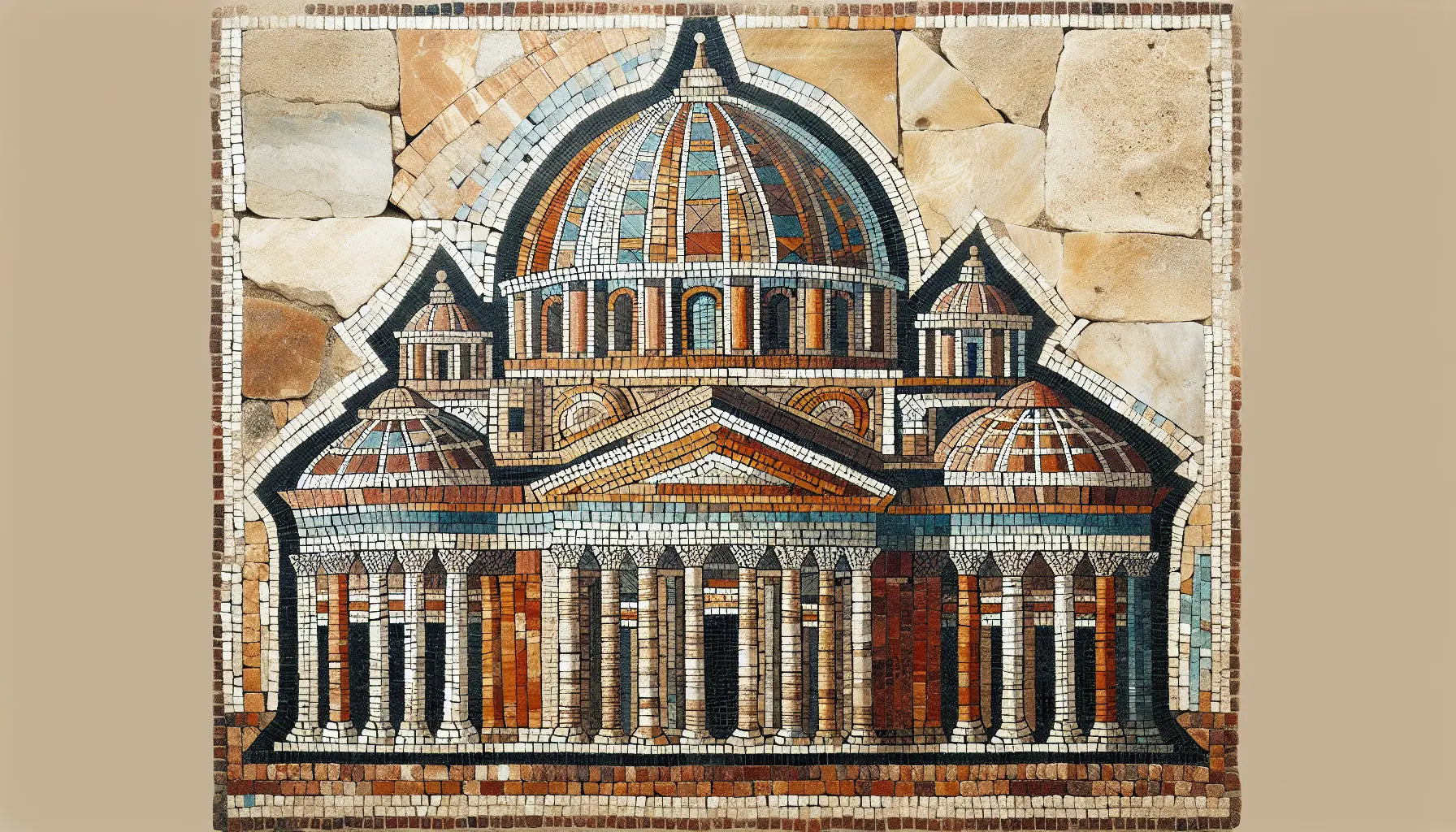 Römische Basilika als Mosaik aus Terracotta Weiß Rotbraun Ockerstein Tintenblau und Gold auf steiniger Fläche