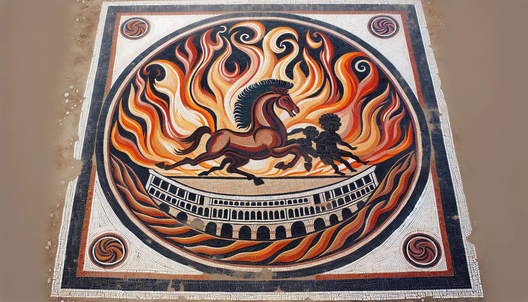 Römische Gladiatorenarena als abstraktes Mosaik in Erdfarben mit Kampfmotiven und ornamentalem Stil