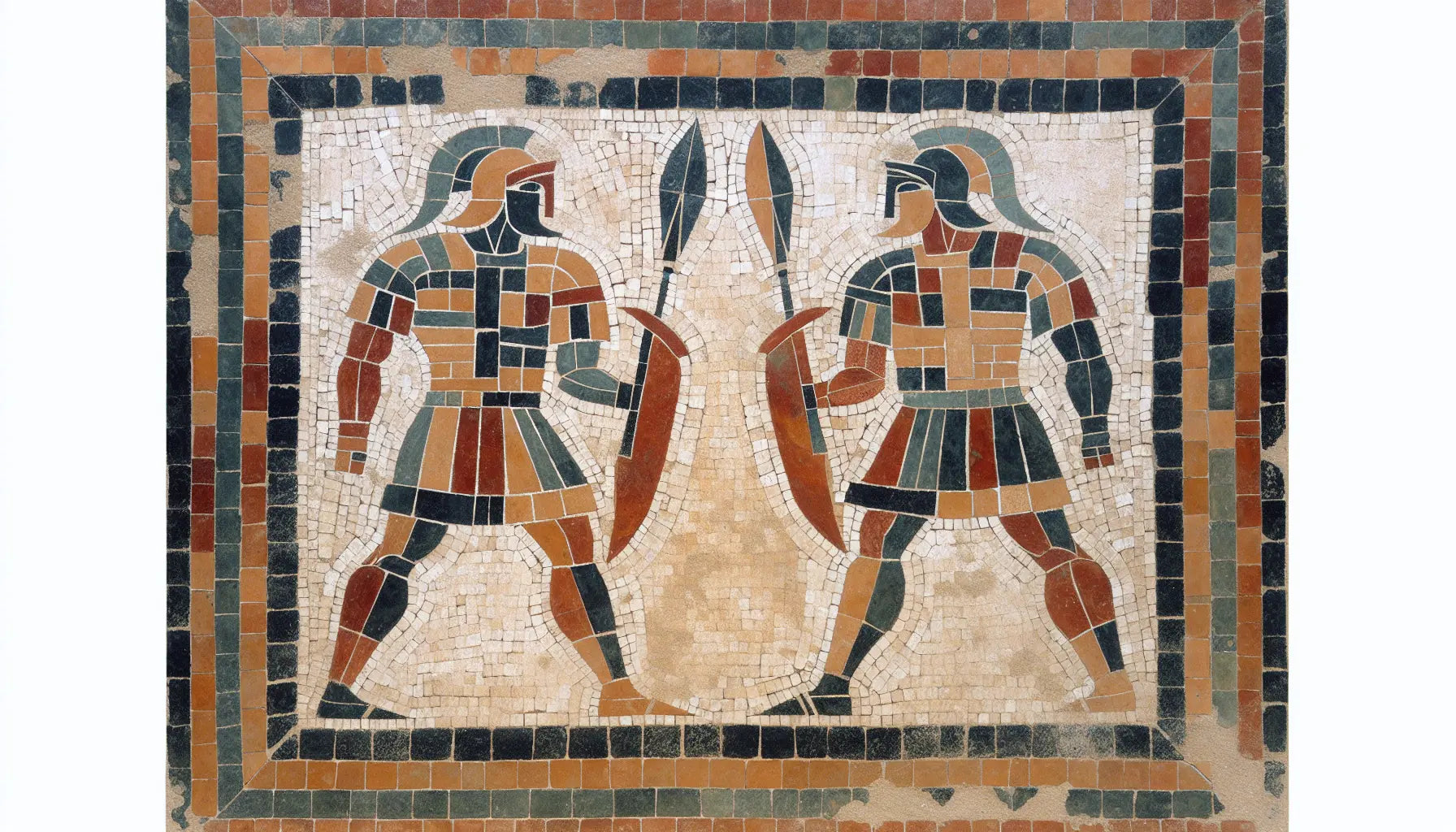 Römische Gladiatorenarena als Mosaik mit zwei Kämpfern in rotbraunen und ockerfarbenen Panzerungen auf hellem steinartigen Hintergrund
