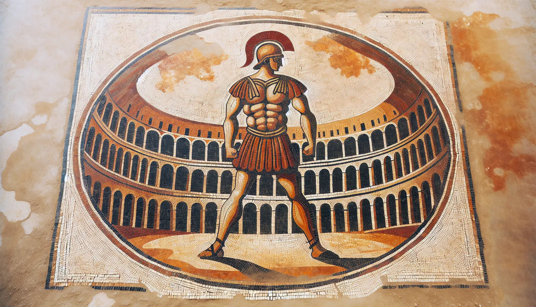 Abstrahierte römische Gladiatorenarena mit einem Gladiator in Rotbraun und Gold im antiken Mosaikstil auf gealtertem stein
