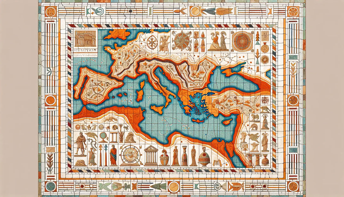 Historische römische Landkarte mit Rhein als Grenze und symbolen für Handel Militär und Alltag in mosaik aus erdigen Farben