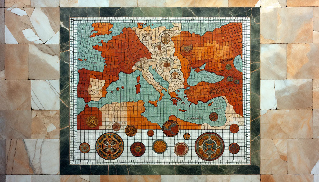 Antike Mosaikkarte des Römischen Reiches mit Städten und Handelswegen in erdigen Farben