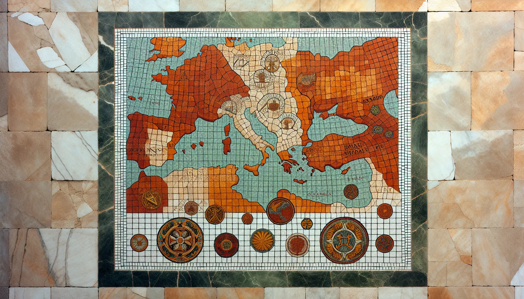 Antike Mosaikkarte des Römischen Reiches mit Städten und Handelswegen in erdigen Farben