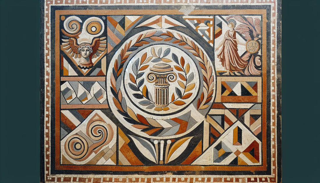 Abstrakte römische Republik als Bodenmosaik mit Ornamenten in Erdfarben und Gold auf hellem steinartigen Hintergrund