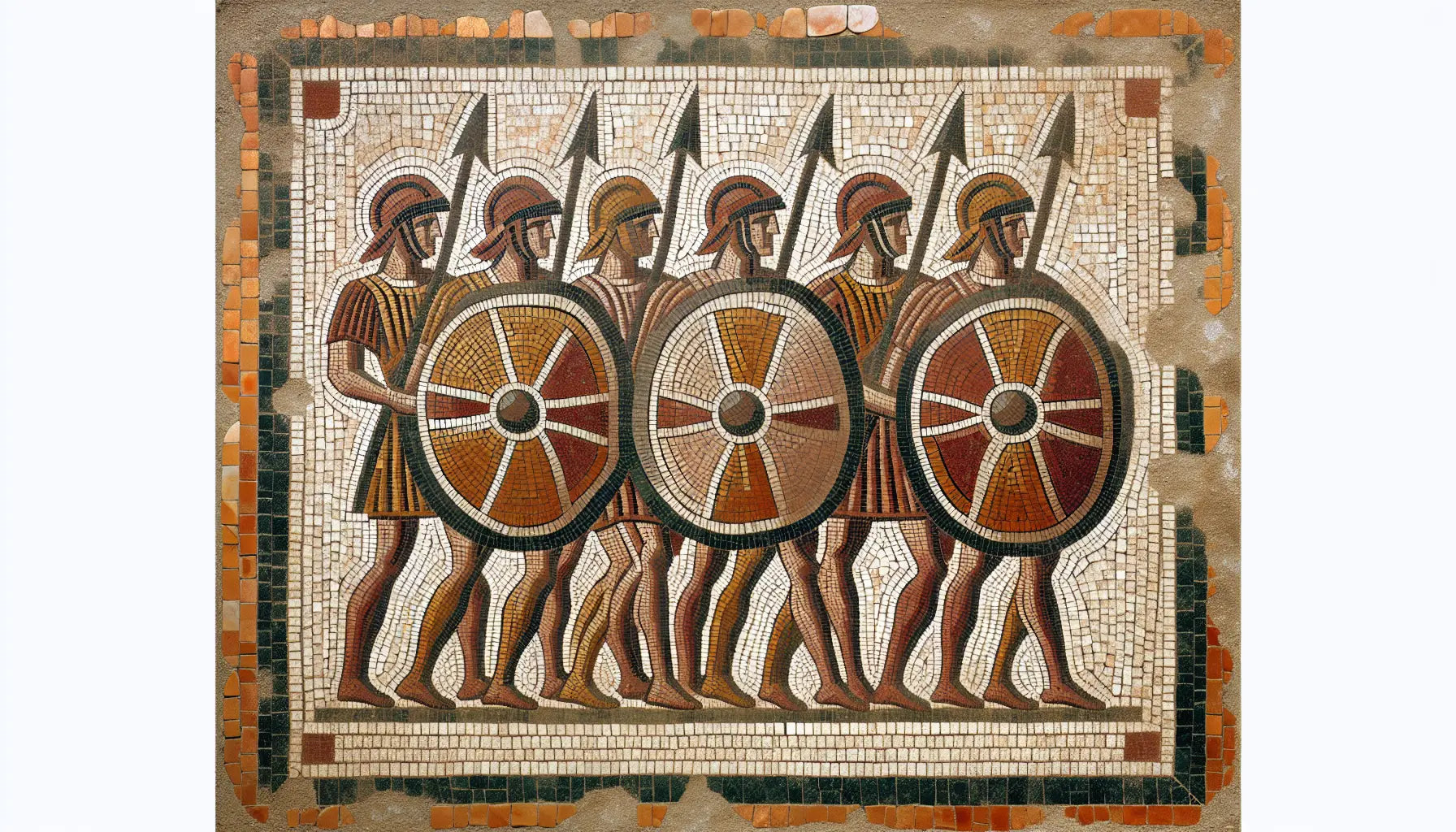 Römische Soldaten in Testudo Formation als antikes Mosaik in rotbraunen ochre und goldenen Segmenten auf hellem steinartigen Hintergrund