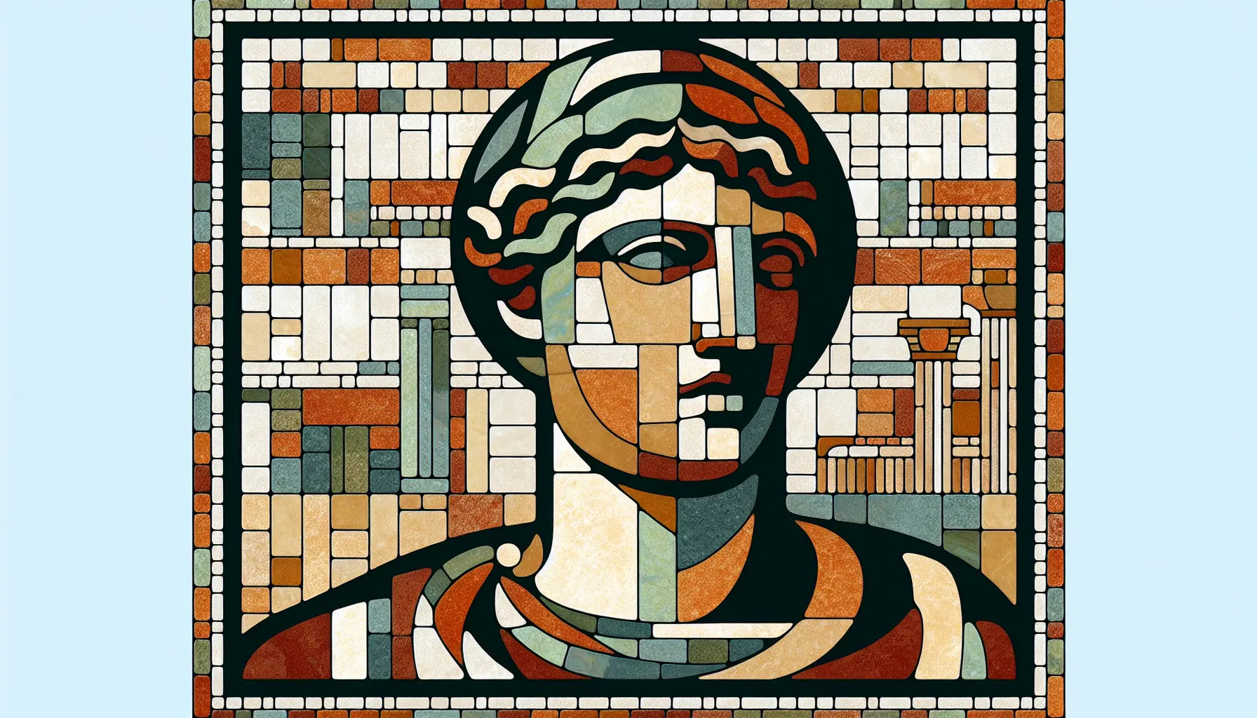 Römische Statue und Architektur abstrahiert als ornamental flaches Mosaik in Erdfarben auf hellem steinernen Grund
