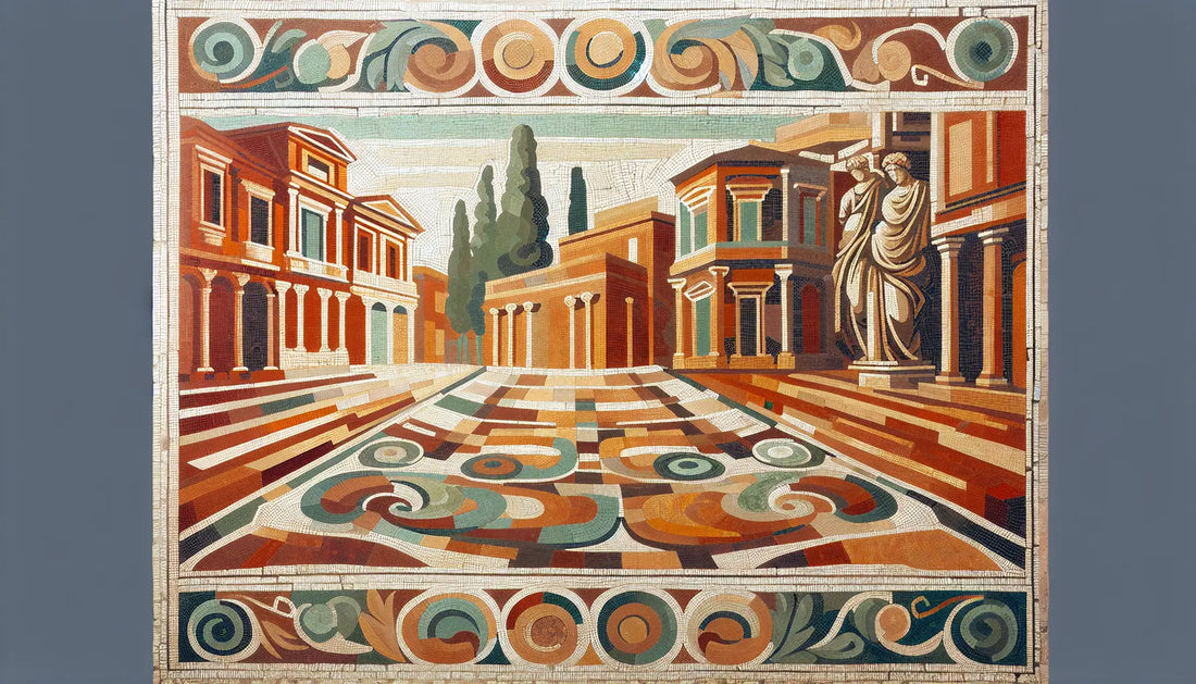 Abstrahierte römische Straße mit Statuen und Grün als ornamentales Bodenmosaik in Rotbraun Ocker Tintenblau und Gold