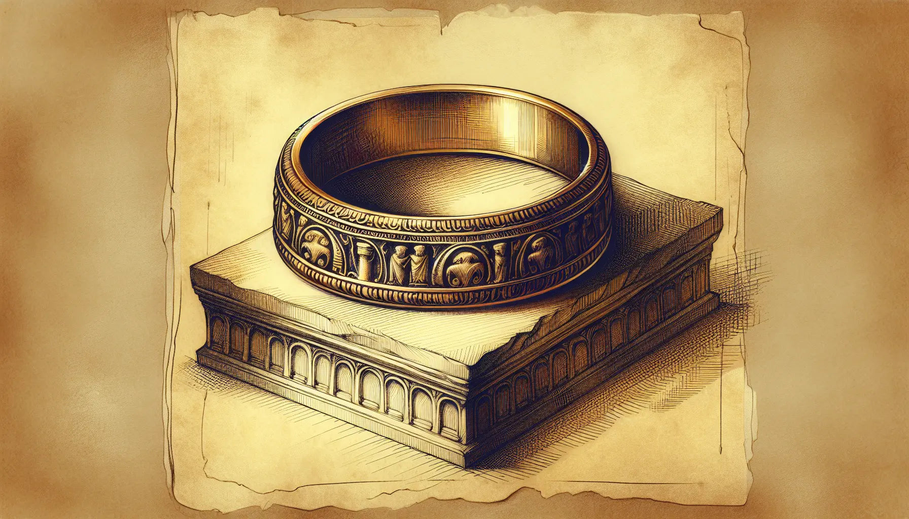 Römischer goldener Ring als reduzierte Bleistiftskizze auf pergamentartigem Hintergrund mit angedeutetem Steinblock