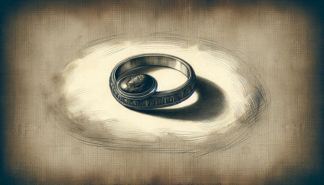 Römischer Intaglio-Ring als zeichnerische Skizze in dunklem Bleistift auf hellem Pergament mit feinem Goldrand