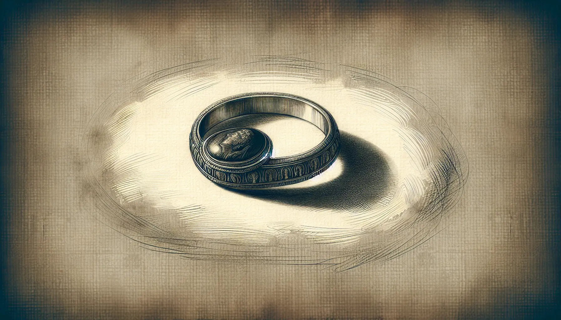 Römischer Intaglio-Ring als zeichnerische Skizze in dunklem Bleistift auf hellem Pergament mit feinem Goldrand