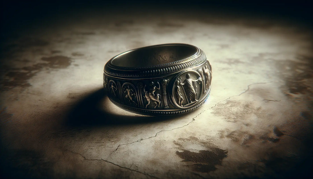 Römischer Legionärsring aus Silber mit mythologischer Intaglio Gravur auf hellem Hintergrund im alten Malstil
