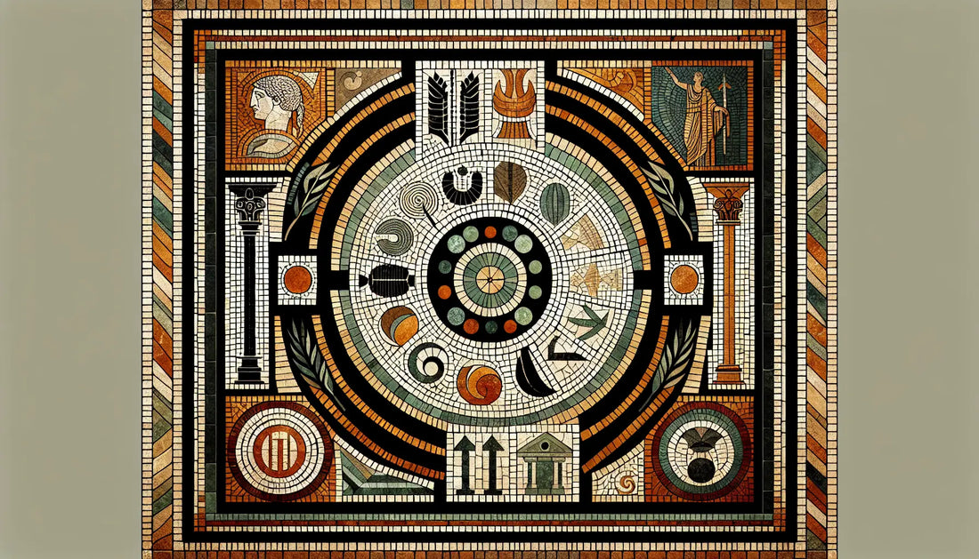 Abstrakte politische Symbole als ornamentales römisches Mosaik in gedeckten Erdfarben mit strukturierter steinartiger Fläche