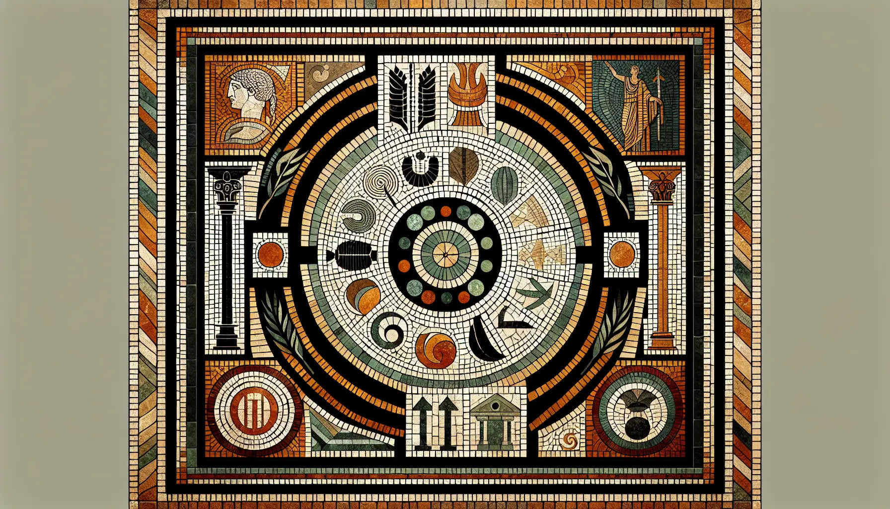 Abstrakte politische Symbole als ornamentales römisches Mosaik in gedeckten Erdfarben mit strukturierter steinartiger Fläche