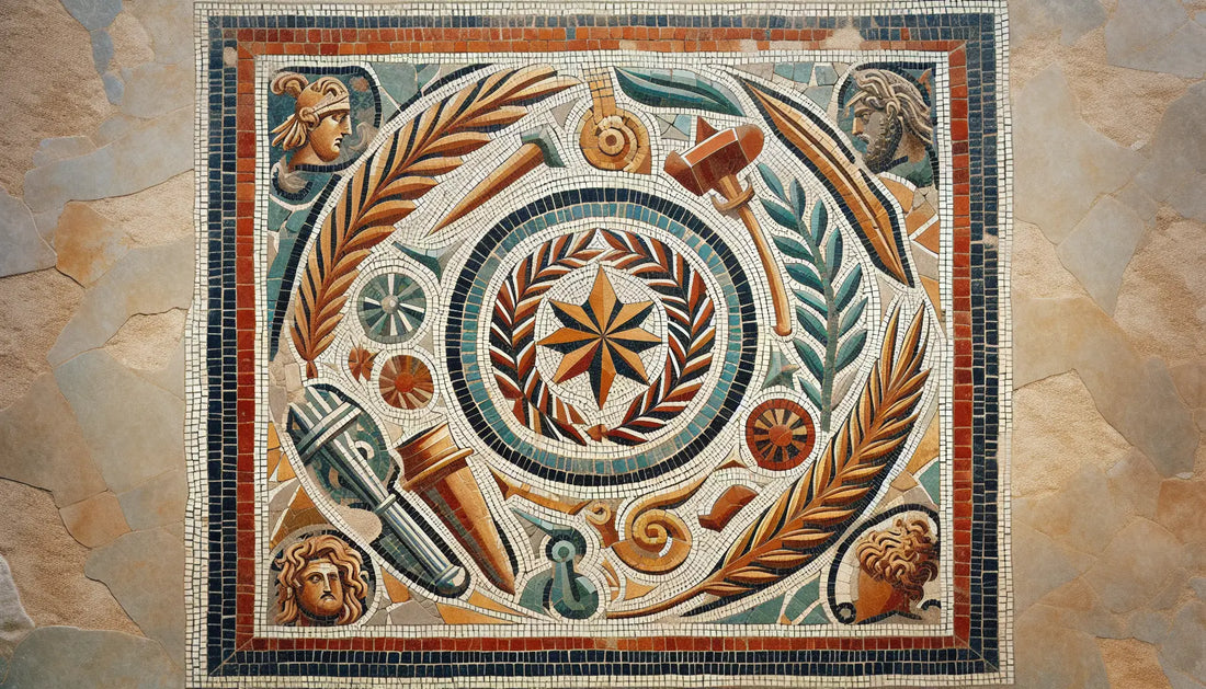 Abstrahierte Symbole des Weströmischen Reiches und Odoacer als antikes Mosaik in Erdfarben