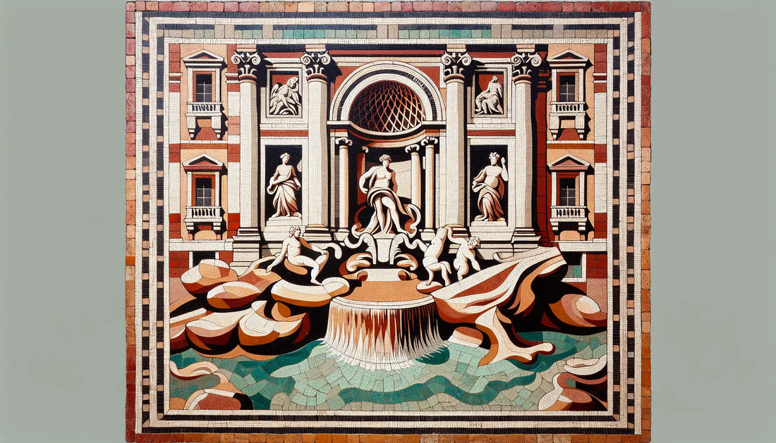 Abstrahierte Trevi-Brunnen mit Skulpturen und Wasser als römisches Bodenmosaik in Rotbraun Ocker Tintenblau auf hellem Stein