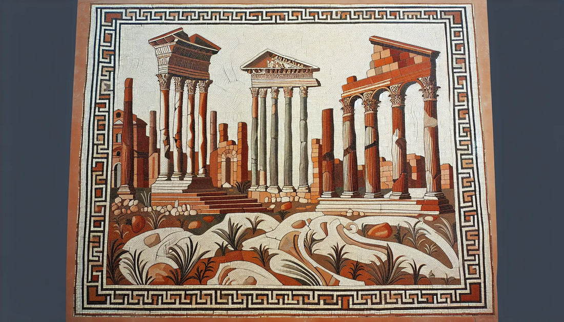 Römisches Bodenmosaik mit stilisierten Ruinen des Forums Romanum in Rotbraun Ocker und Blau auf hellem steinernen Grund