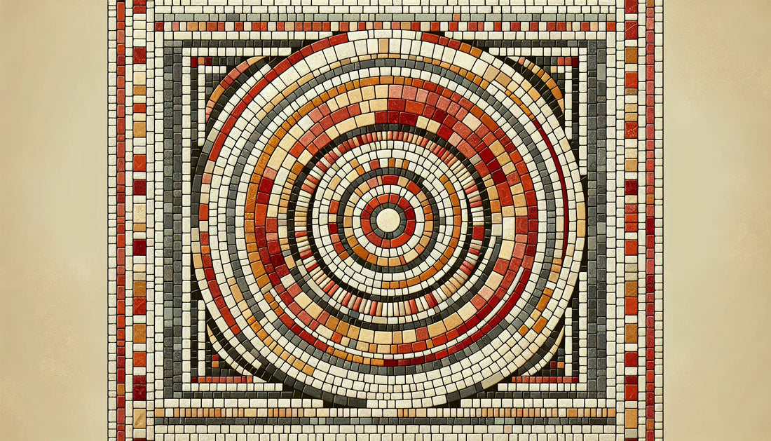 Antiker Ring als Mosaik aus rotbraunen und goldenen Segmenten auf hellem Stein