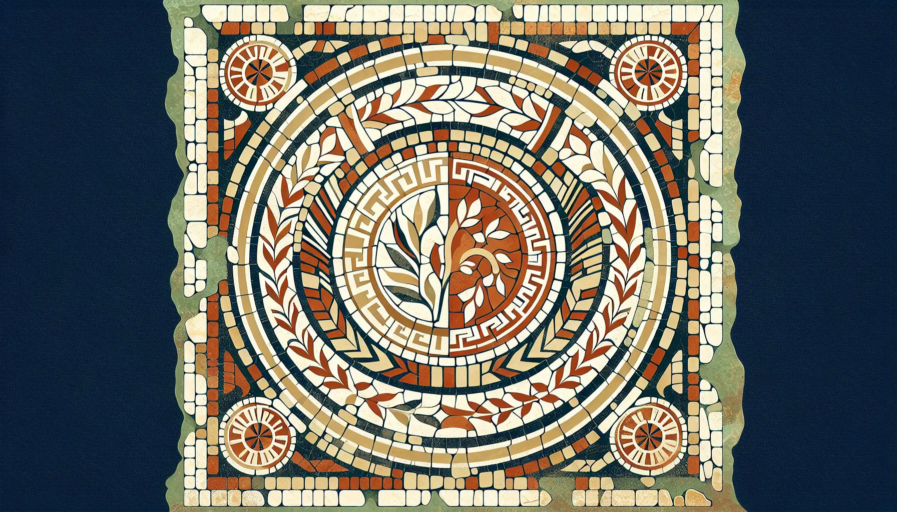 Römisches Forum als antikes Mosaik mit rotbraunen ockerfarbenen und goldenen Segmenten auf hellem steinartigem Hintergrund