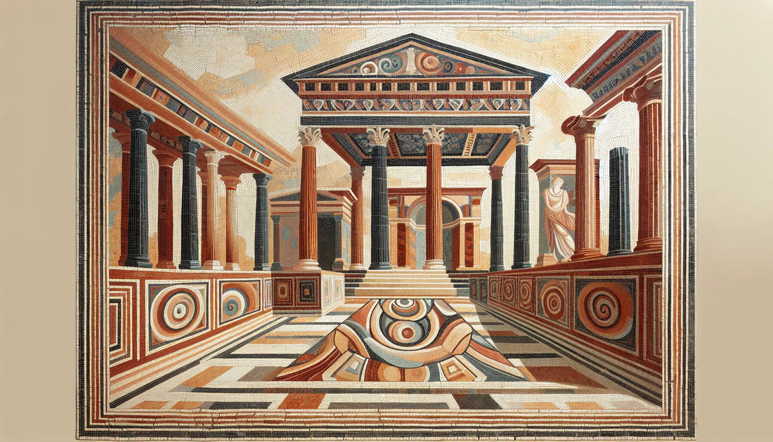 Stilisiertes römisches Mosaik mit Säulen und Torbogen des Forums in Rotbraun Ocker Ocker und Tintenblau auf hellem steinernen Hintergrund