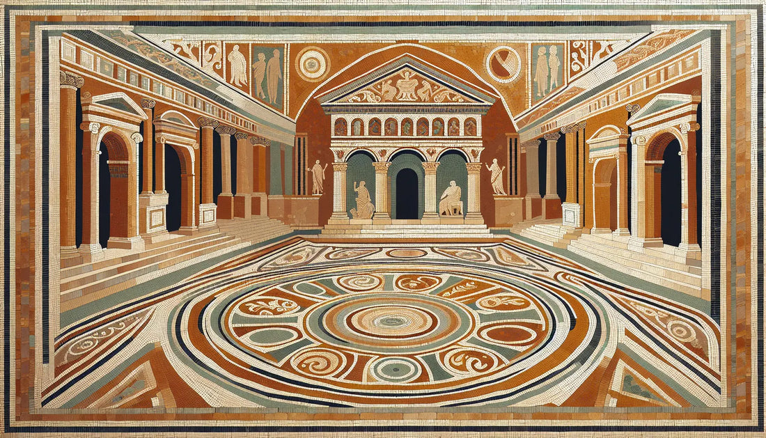 Abstrakte Darstellung römischer Architektur und Symbole als historisches Mosaik in gedeckten Erdfarben