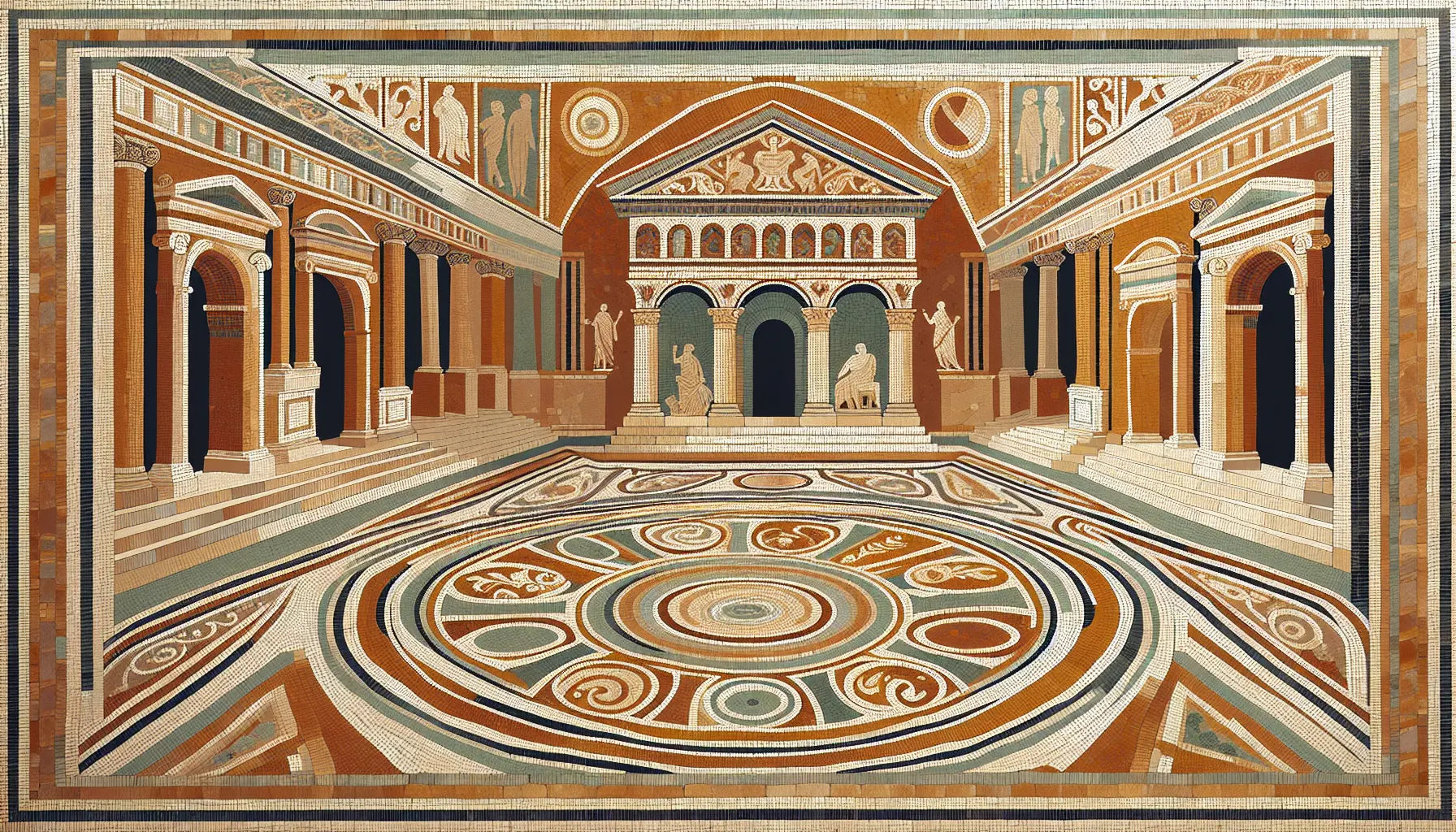 Abstrakte Darstellung römischer Architektur und Symbole als historisches Mosaik in gedeckten Erdfarben