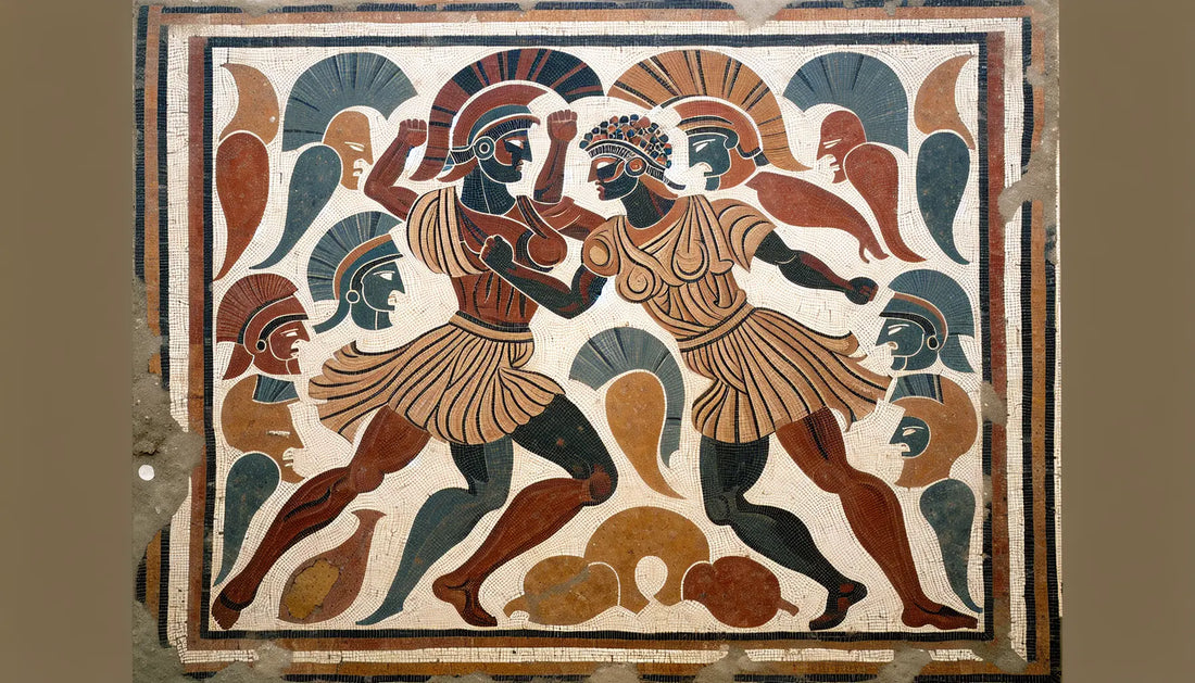 Stilisierte Darstellung antiker römischer Gladiatorenrüstung als Mosaik in Rotbraun Ocker und Blau auf hellem Stein