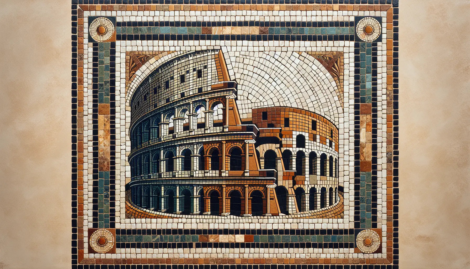 Abstrahiertes antikes Kolosseum als Mosaik aus rotbraunen ocher und blauen Segmenten auf hellem steinartigem grund