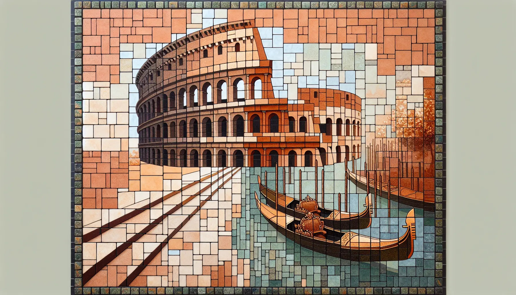 Römisches Kolosseum und venezianischer Kanal als zweigeteiltes Bodenmosaik in Erdfarben ohne Figuren
