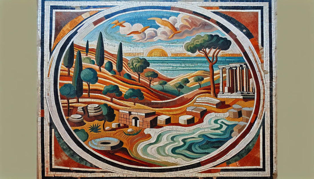 Römische Mosaiklandschaft mit Hügeln Ruinen und Meer in Rotbraun Ocker Blau auf hellem steinernem Hintergrund