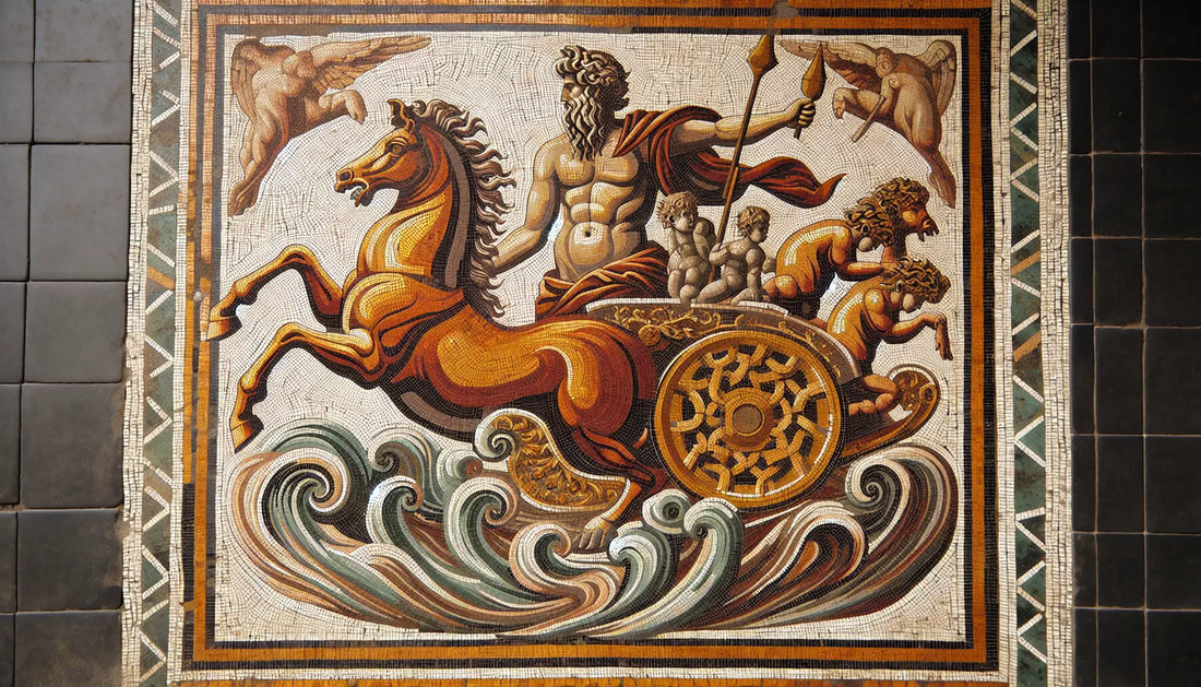 Römisches Mosaik mit stilisierter Statue des Meeresgottes Oceanus und Streitwagen in Rotbraun und Gold auf hellem steinartigem Hintergrund