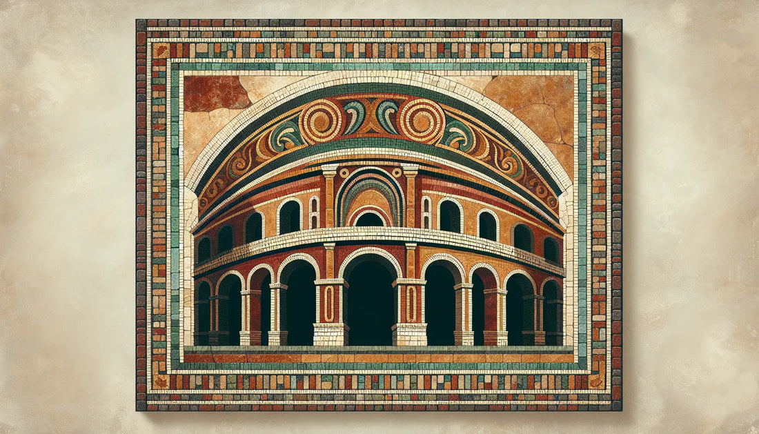 Stilisierte Arena-Bögen als römisches Mosaik in Rotbraun Ocker und Gold auf hellem steinigen Hintergrund