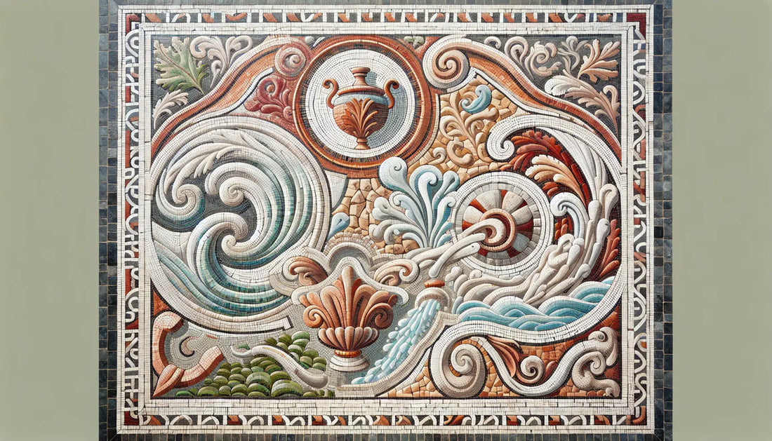 Abstraktes römisches Mosaik mit Wassersymbolen und Steinornamenten in Terracotta Rotbraun Ocker Blau und Gold