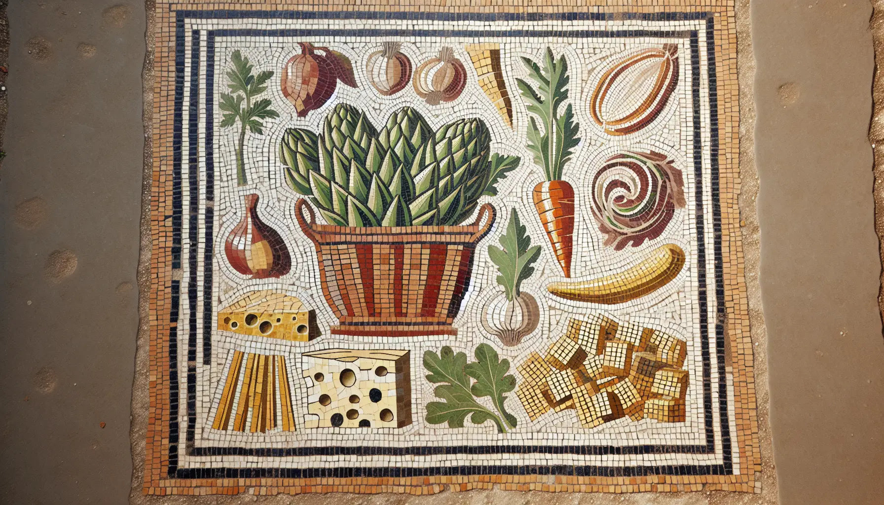 Abstrahierte römische Marktartikel Artischocken Pecorino Käse Pasta als Mosaik in Erdfarben